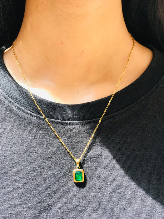 Gold Rectangular Green Gemstone Pendant