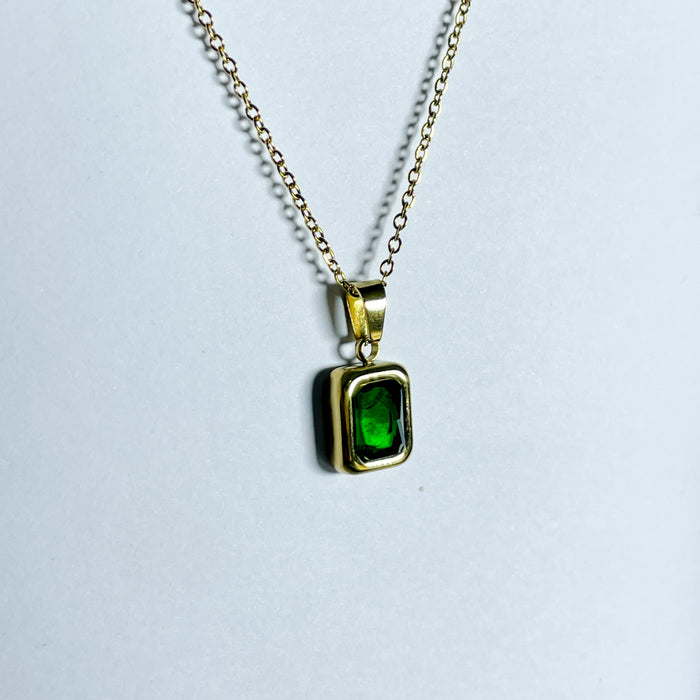 Gold Rectangular Green Gemstone Pendant