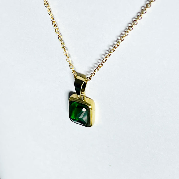 Gold Rectangular Green Gemstone Pendant
