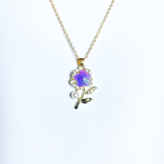 Holographic Flower Pendant Necklace with Pearl Detail