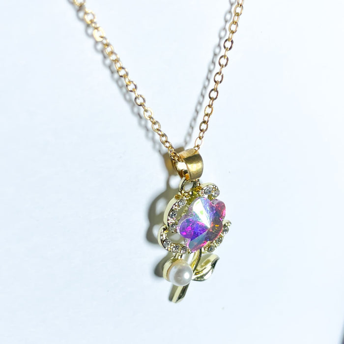 Holographic Flower Pendant Necklace with Pearl Detail
