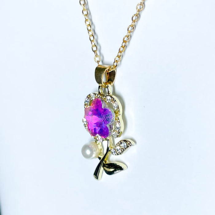 Holographic Flower Pendant Necklace with Pearl Detail