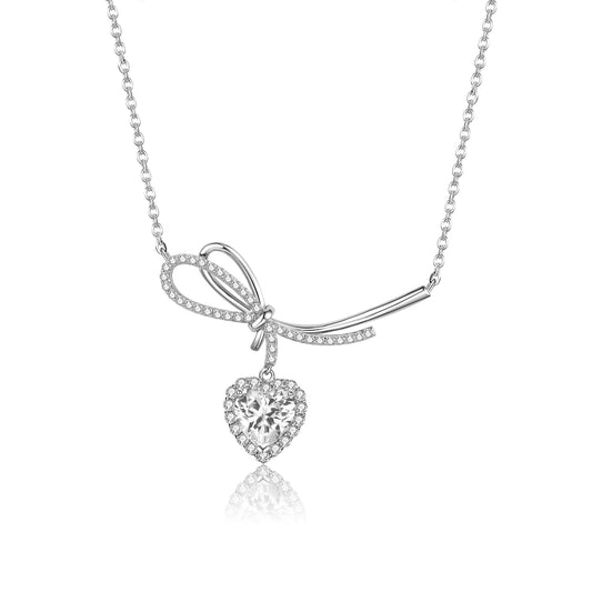 Sweet Bow White Heart Sterling Silver Necklace